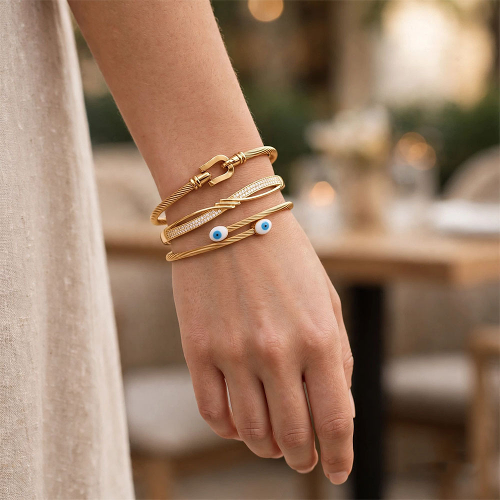 3pcs Unisex 18K Golden Plated Exquisite Bangle Set, Business Wear